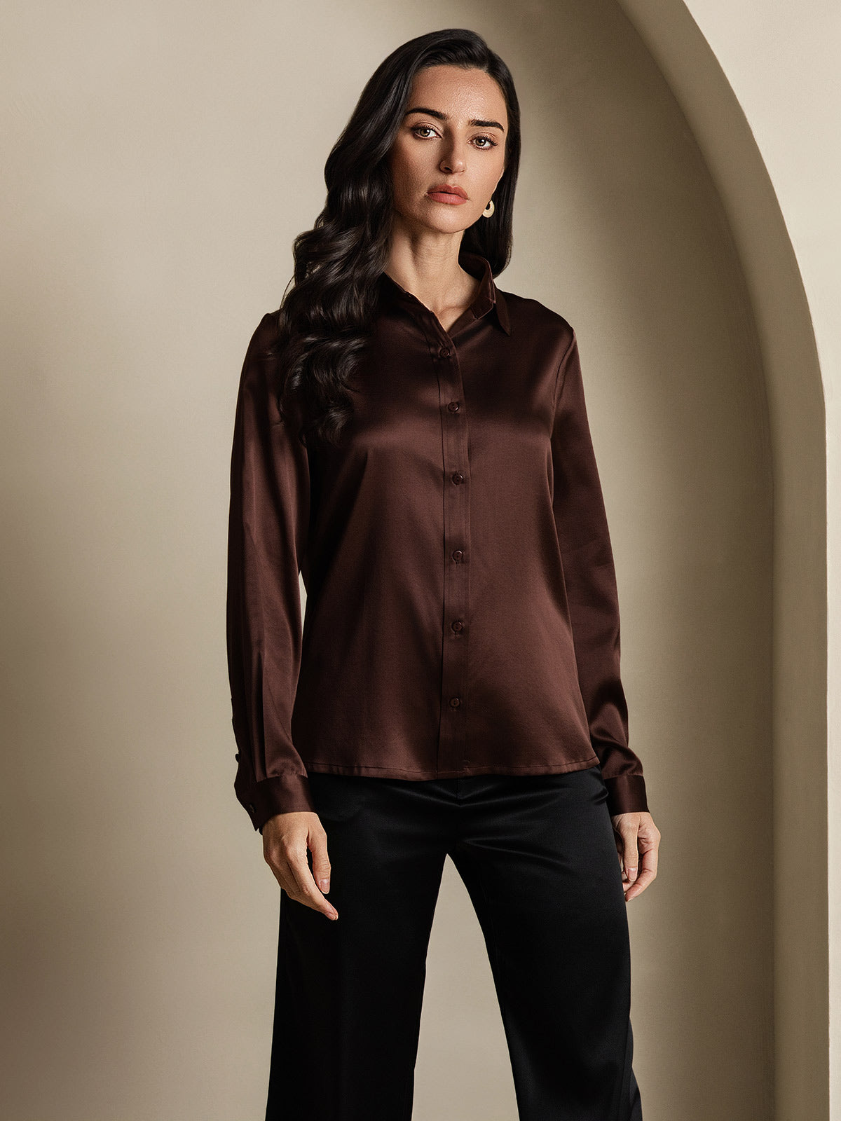 [Kahvi] SilkSilky-FI 19Momme Silk Long Sleeve Collar Naisten paita 001