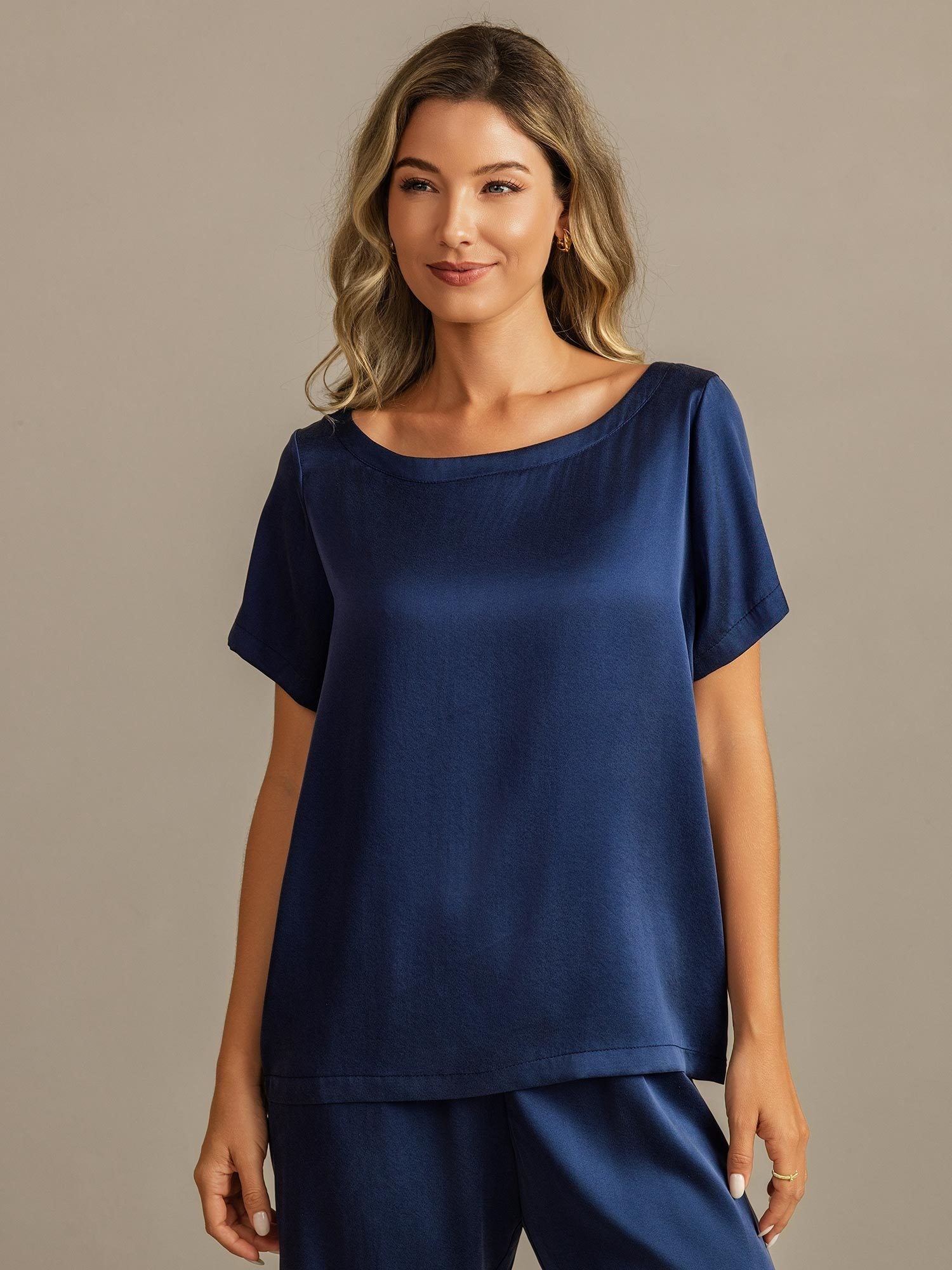 [Tummansininen] SilkSilky-FI 19Momme Womens Pajamas 007