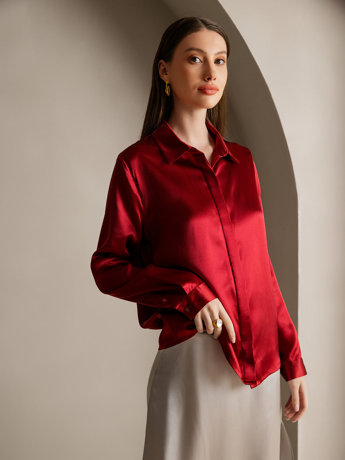 [Viini] SilkSilky-FI 19Momme Lapel Collar Naisten paita 003