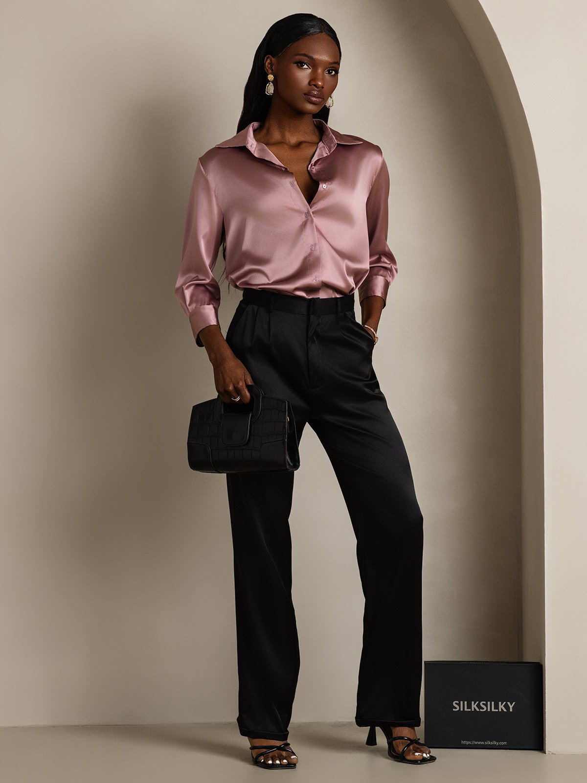 [Vaalean Mauve] SilkSilky-FI 19Momme 3/4 hiha Kauluskäänne Naisten paita 007