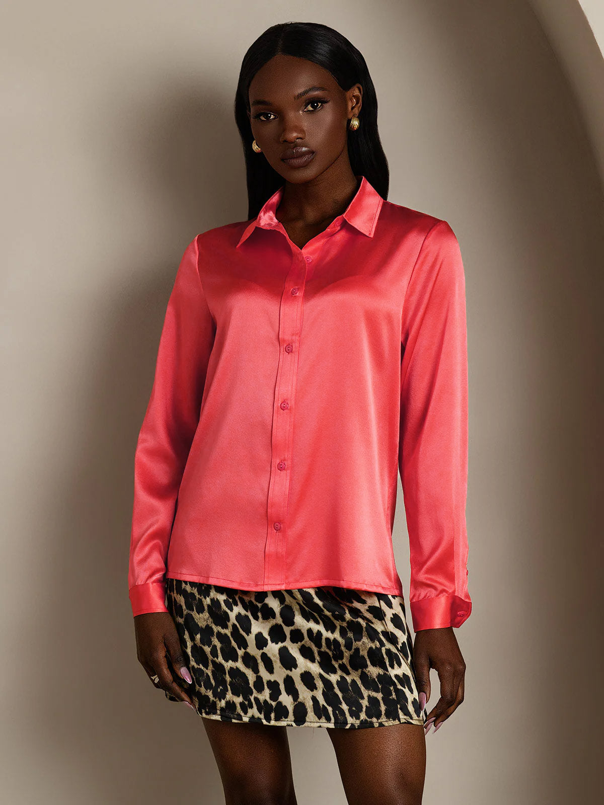 [Keisarillinen Punainen] SilkSilky-FI 19Momme Silk Long Sleeve Collar Naisten paita 003