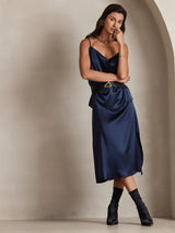 [Tummansininen] SilkSilky-FI Spaghetti Strap Cowl Neck Camisole Top 005