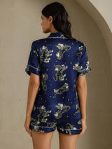 [Laivastonsininen Leijona] SilkSilky-FI Short Sleeve Notch Collar Naisten Pyjamat 002