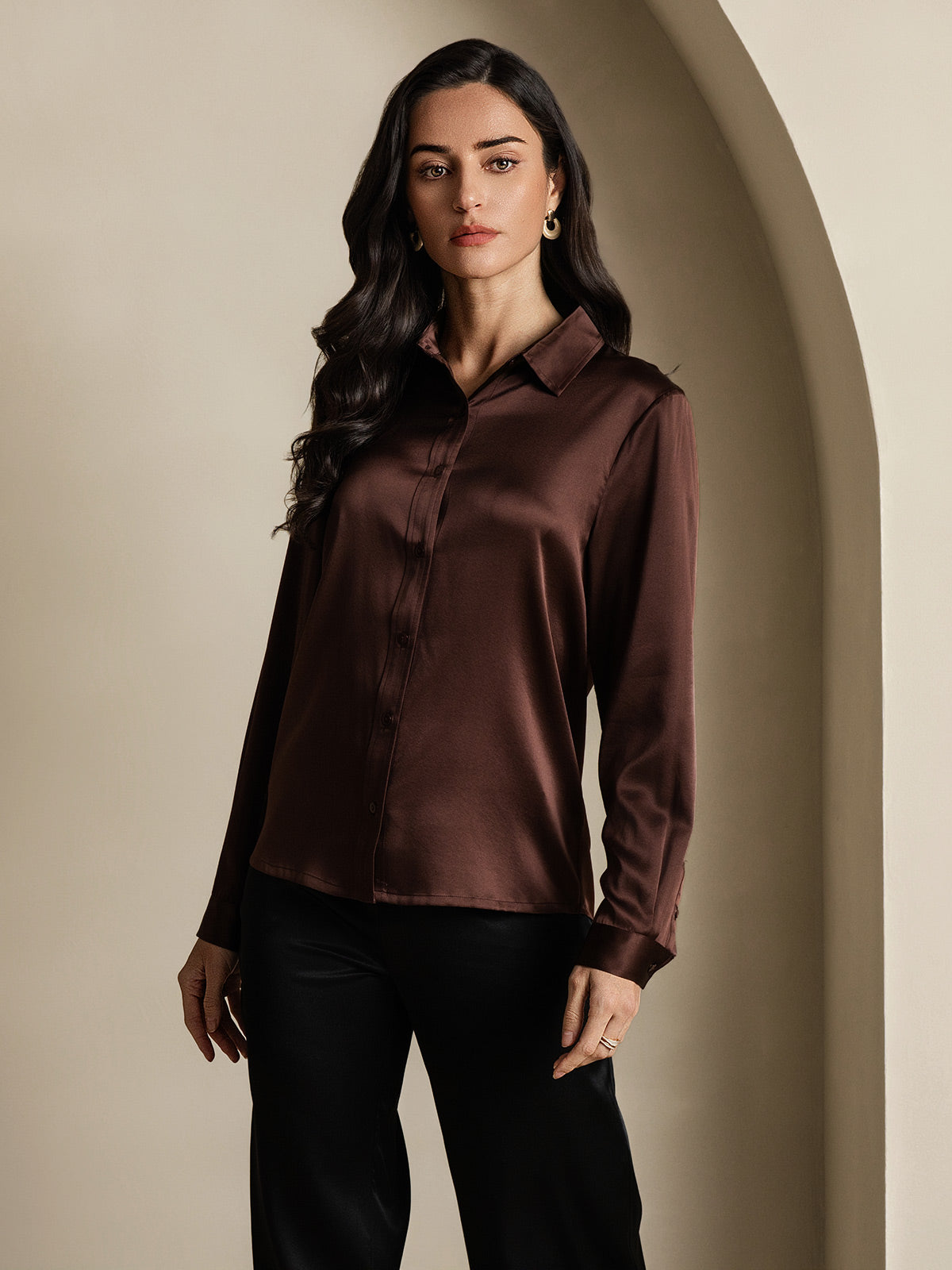[Kahvi] SilkSilky-FI 19Momme Silk Long Sleeve Collar Naisten paita 003