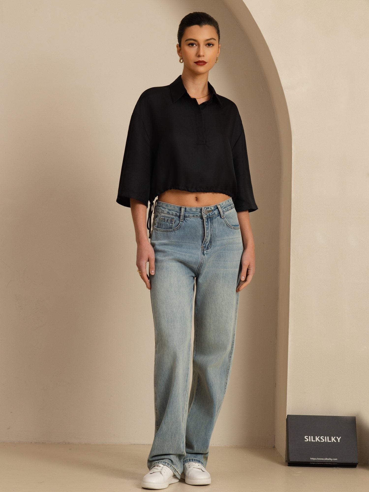 [Musta] SilkSilky-FI 18Momme Puolihiha Kauluskäänne Pusero 006