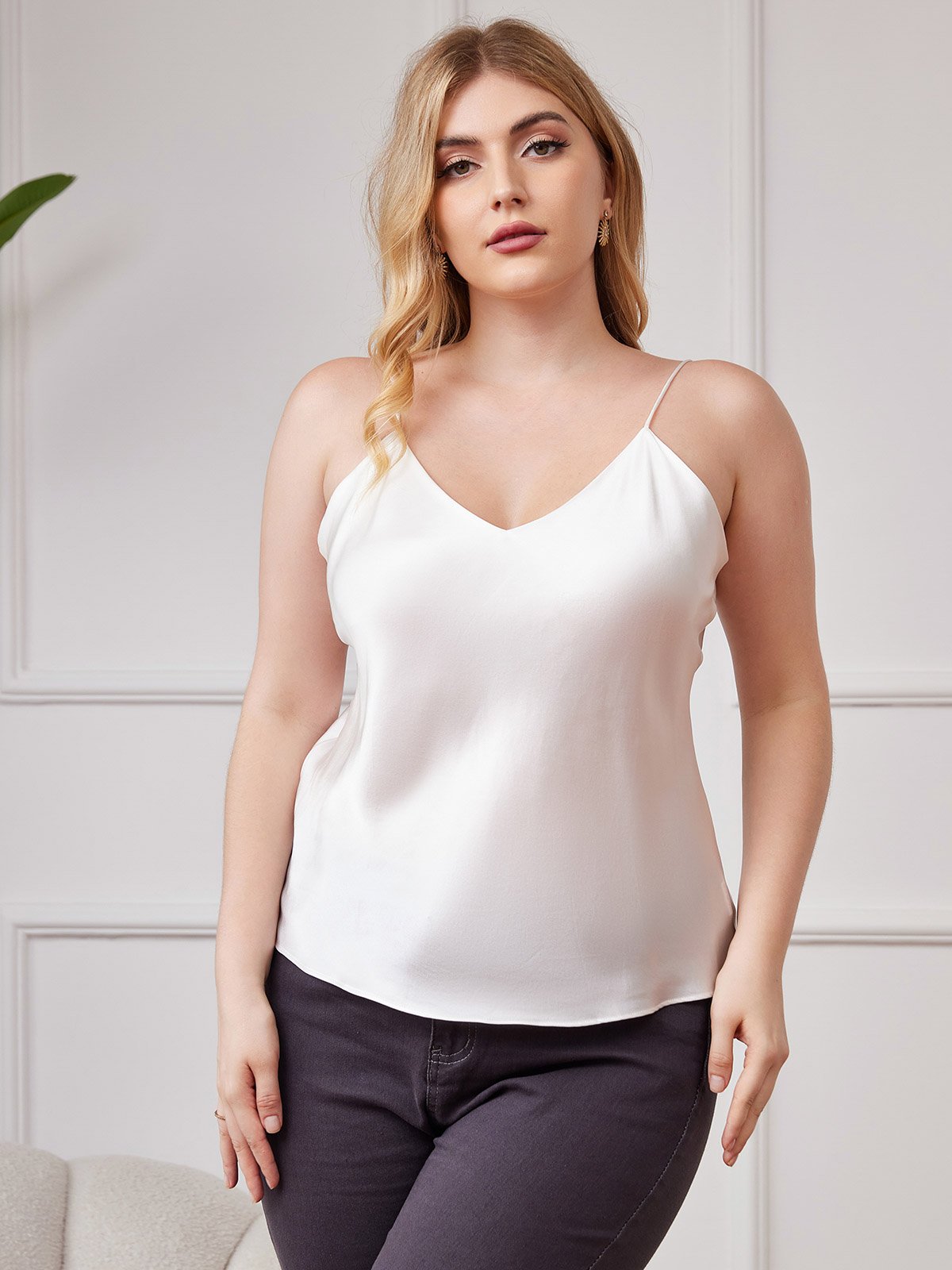 [Valkoinen] SilkSilky-FI Pure Silk Deep V Neck Plus-koon Camisole Top 001