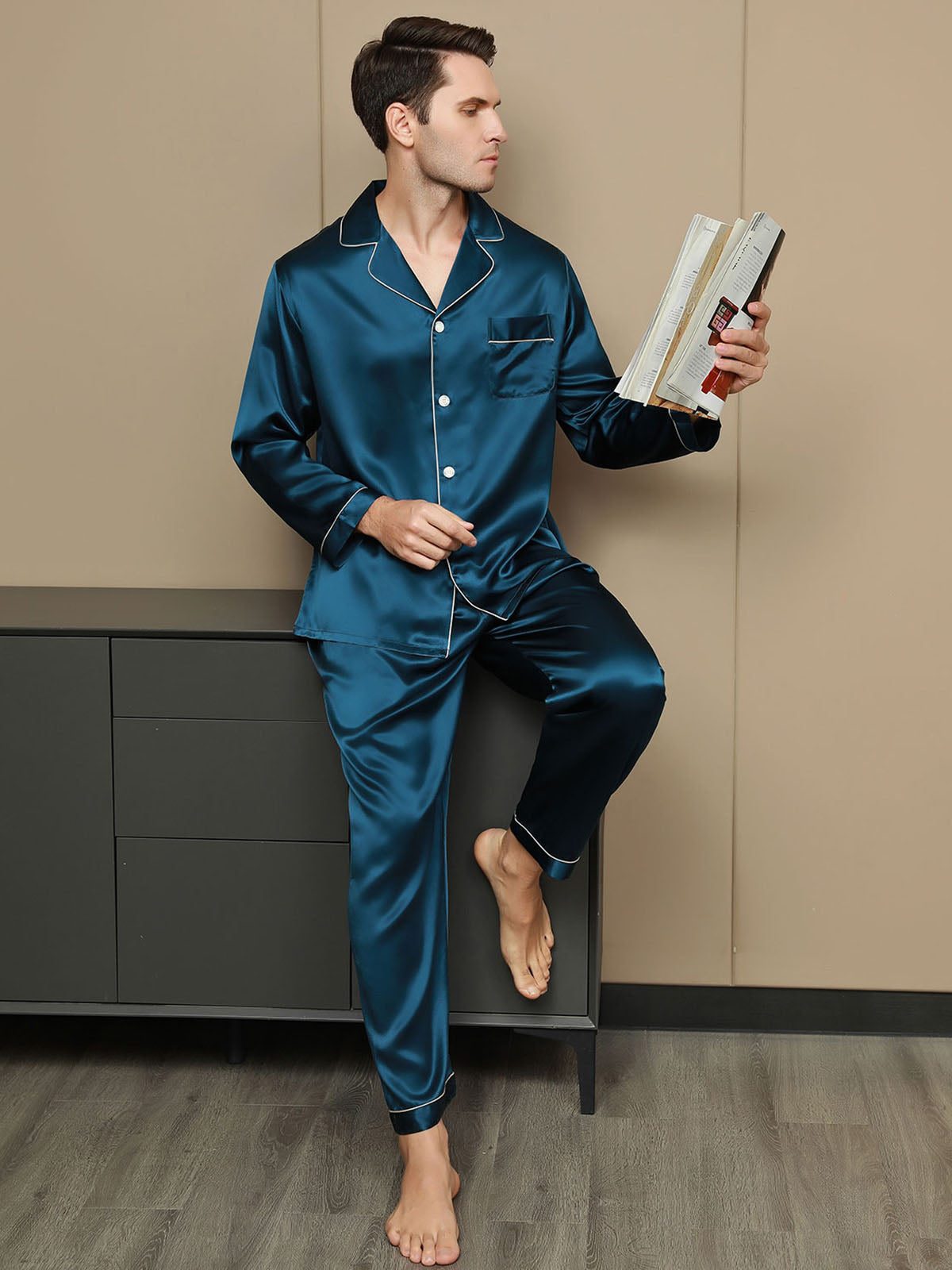 [Sinivihreä] SilkSilky-FI 19Momme Mens Pajamas 001