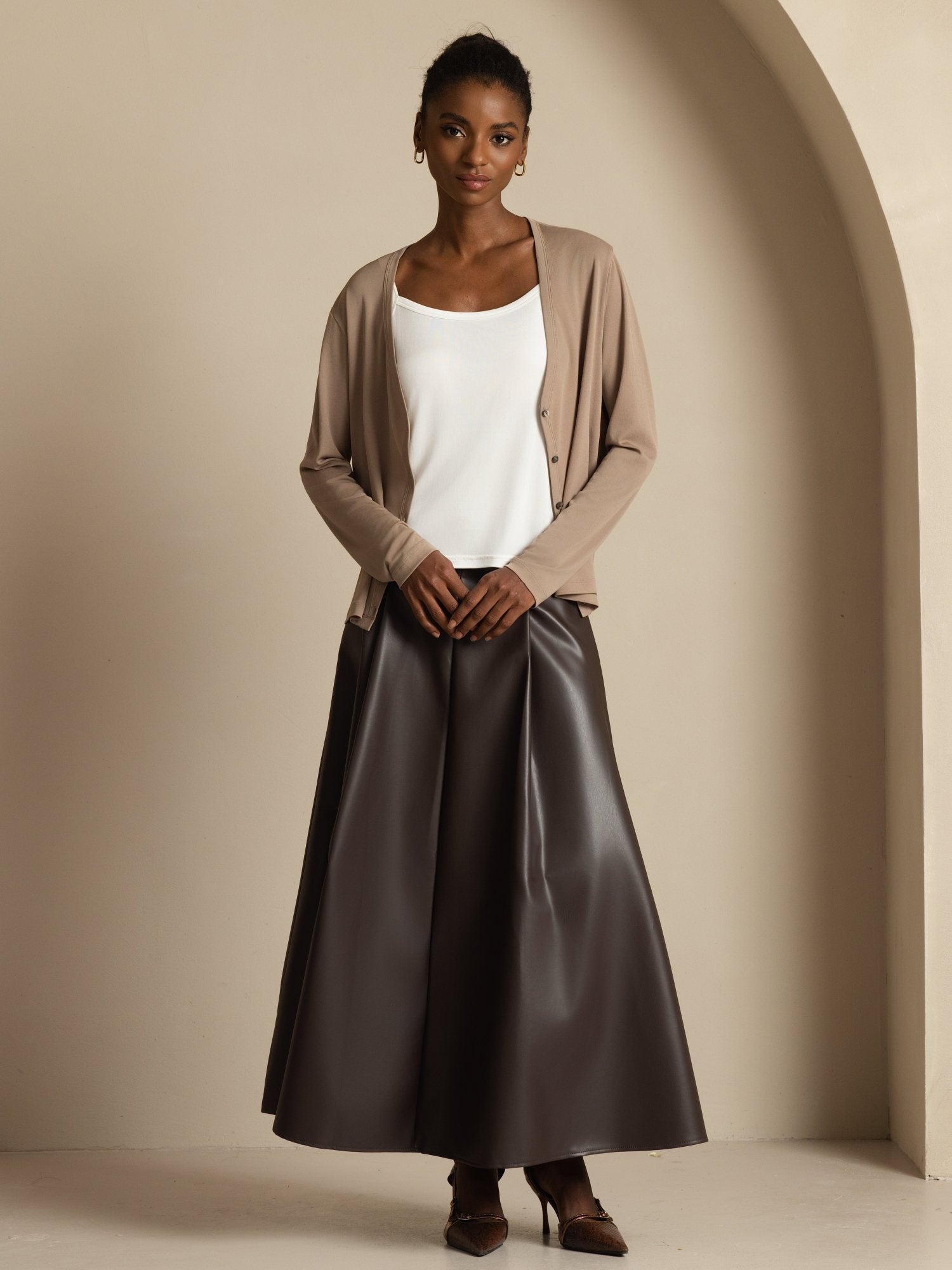 [Tan] SilkSilky-FI 19Momme Silkki Pitkähihainen V Pääntie Naisten Cardigan 008