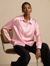 [Rosa Raita] SilkSilky-FI Long Sleeve Lapel Collar Naisten paita 001