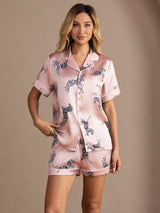[Vaaleanpunainen Seepra] SilkSilky-FI Short Sleeve Lapel Collar Naisten Pyjamat 001