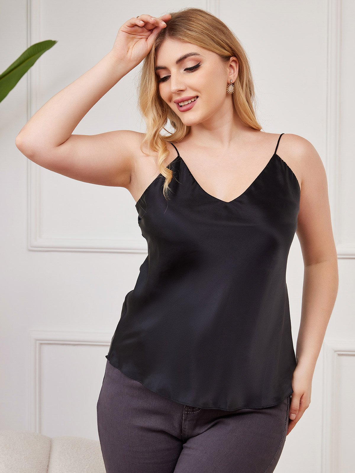 SilkSilky FI Pure Silk Deep V Neck Plus koon Camisole Top Musta 003