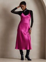 [Ruusunpunainen] SilkSilky-FI Spaghetti Strap V Neck Mekko 001