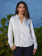 [Valkoinen] SilkSilky-FI Long Sleeve Lapel Collar Naisten paita 005