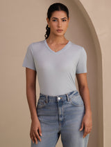 [Harmaansininen] SilkSilky-FI Short Sleeve V Neck Naisten T-paita 003