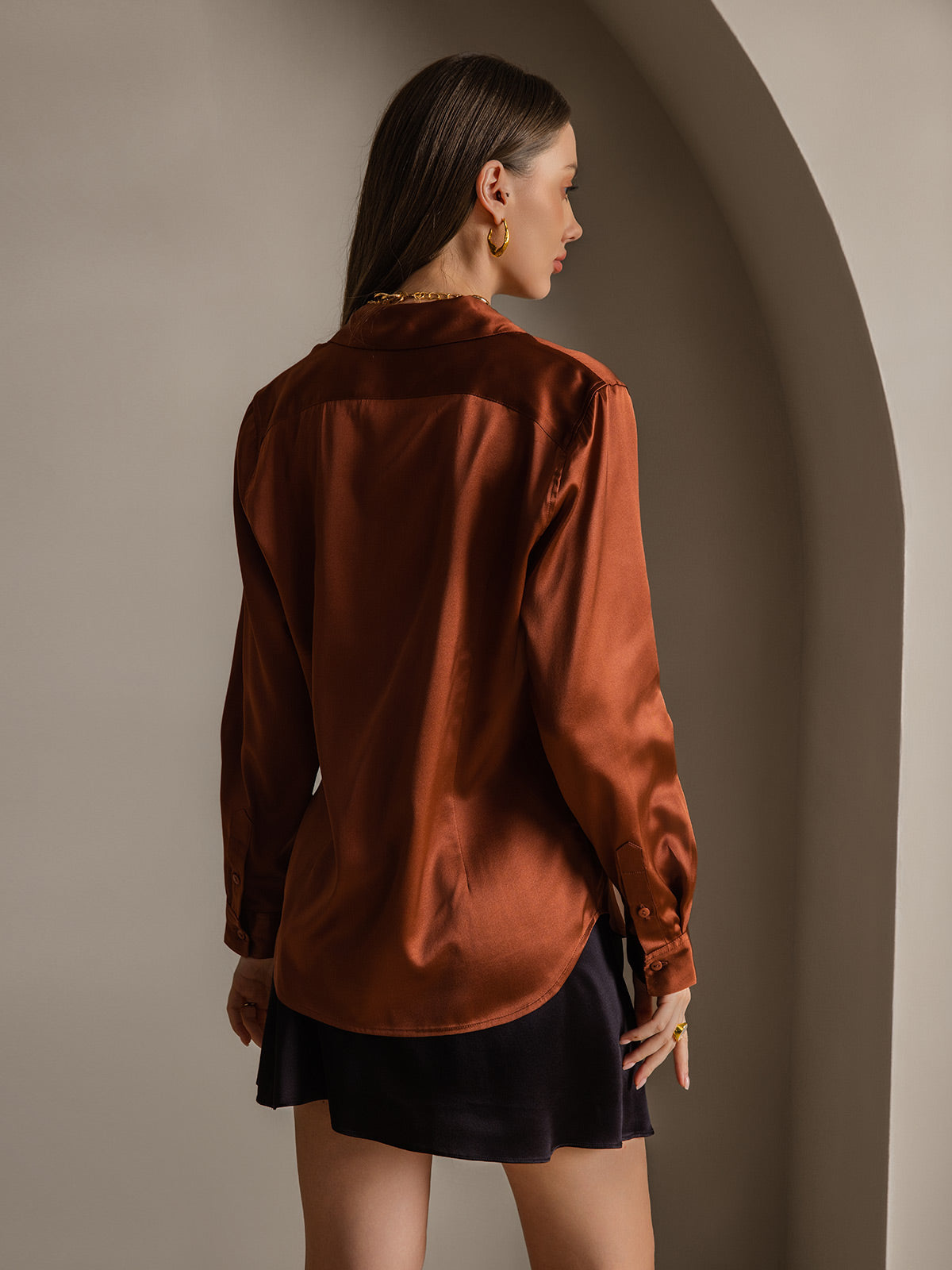 [Kahvi] SilkSilky-FI Lapel Collar Naisten paita 002