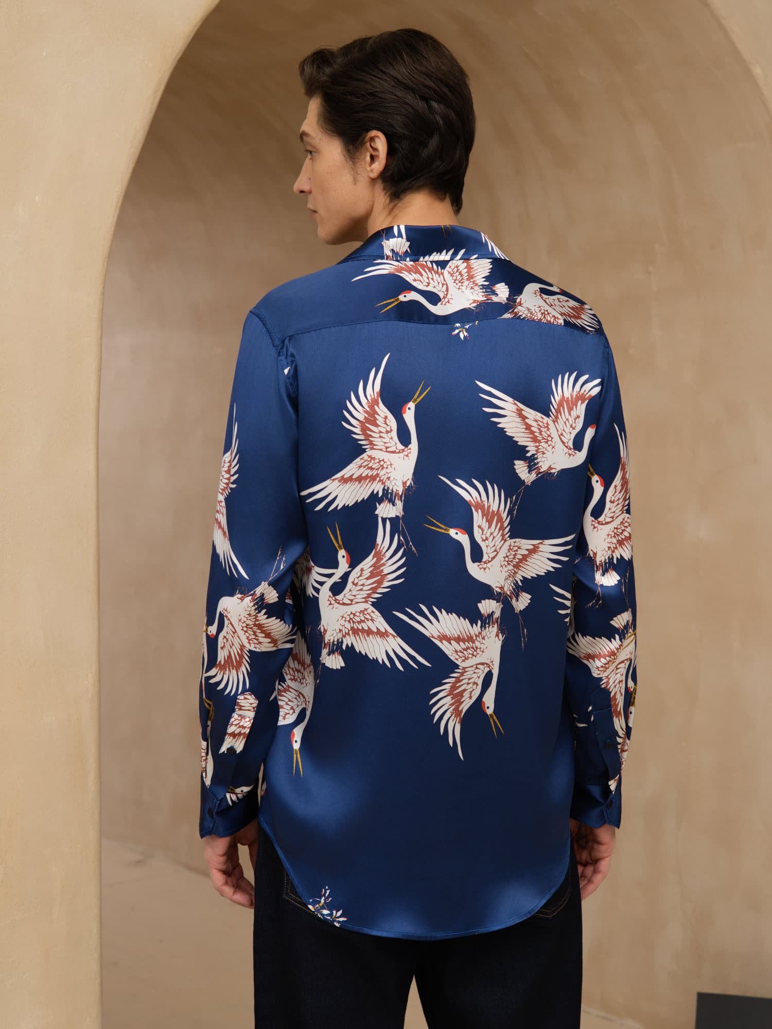 [Tummansininen] SilkSilky-FI 19Momme Pitkähihainen Kauluskäänne Miesten Paita 002