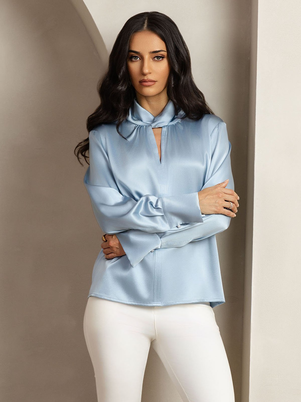 [Harmaansininen] SilkSilky-FI 19Momme Womens Shirt 006
