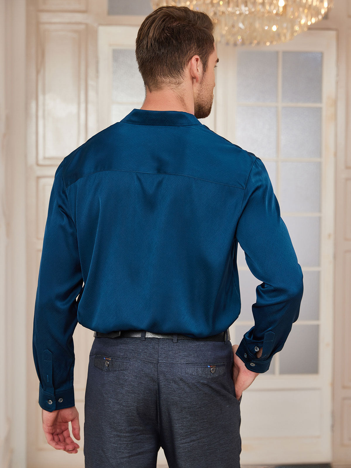[Sinivihreä] SilkSilky-FI Silk Long Sleeve Collar Miesten Paita 002
