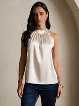 [Beige] SilkSilky-FI Sleeveless Halterneck Naisten T-paita 003