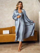 [Harmaansininen] SilkSilky-FI Long Sleeve V Neck Yöpaita ja Aamutakkisetti 006
