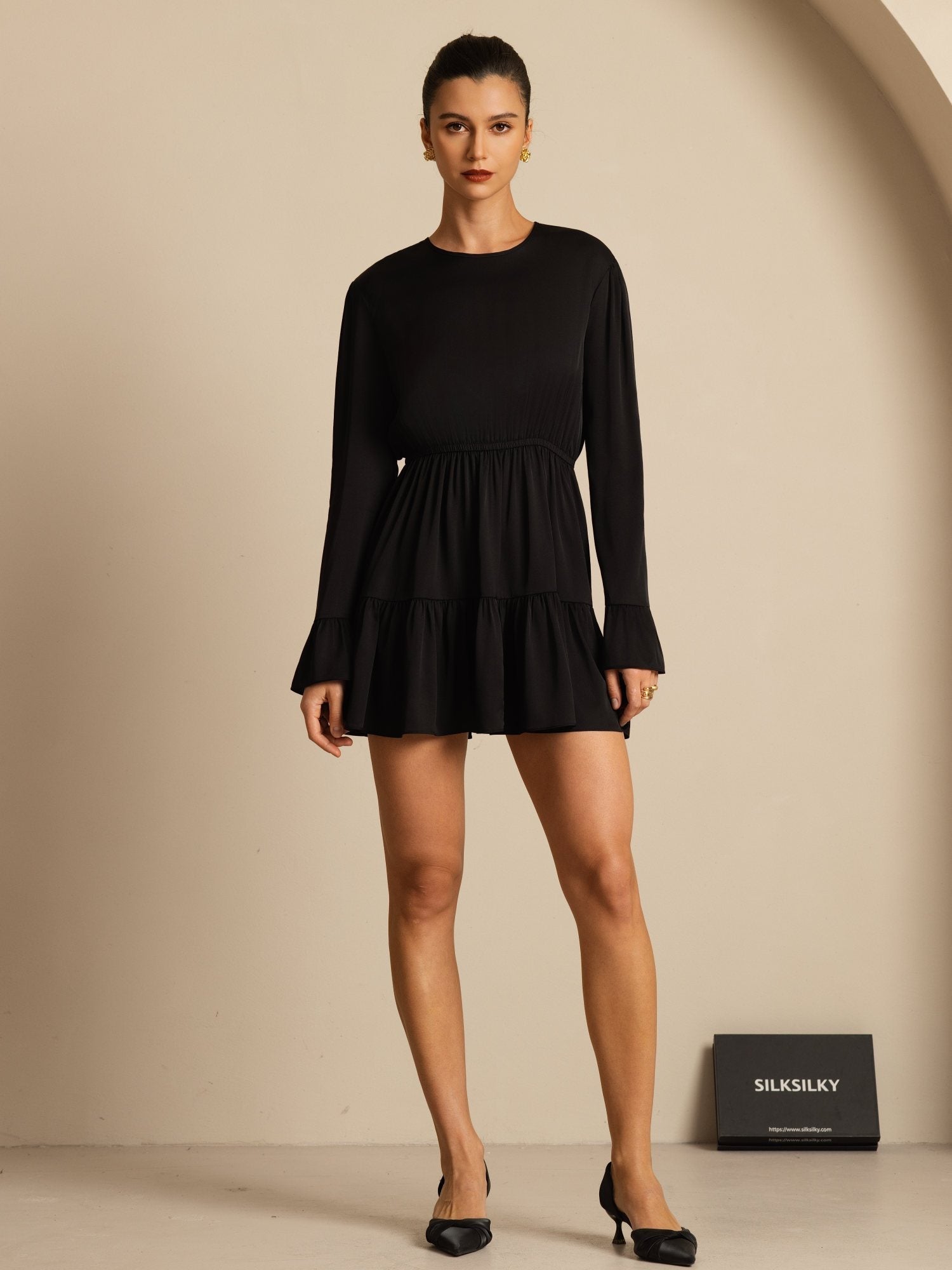 [Musta] SilkSilky-FI 19Momme Silkki Pitkähihainen Pyöreä Pääntie Mekko 001