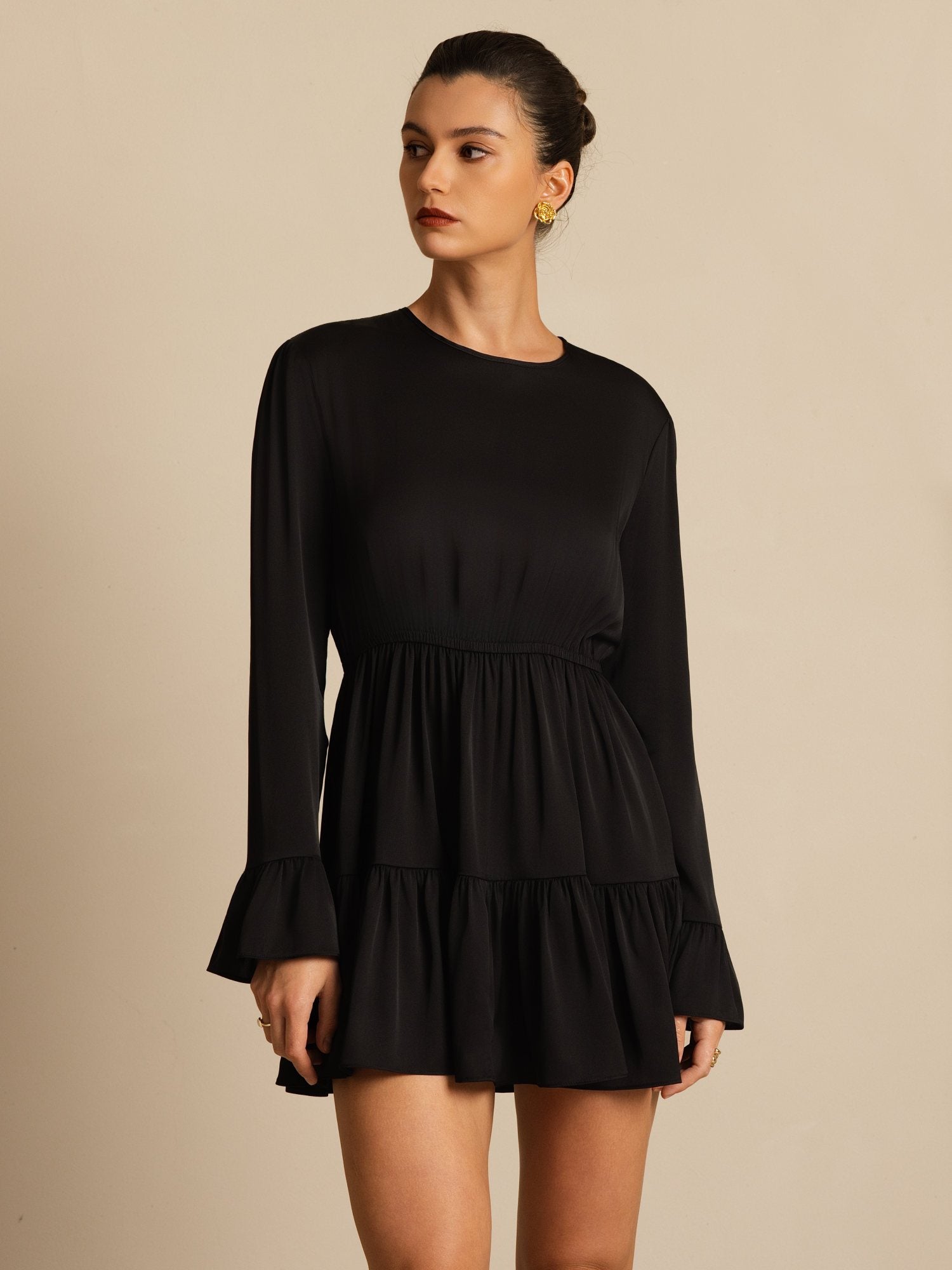 [Musta] SilkSilky-FI 19Momme Silkki Pitkähihainen Pyöreä Pääntie Mekko 007