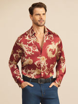 [Viininpunainen Lohikäärme] SilkSilky-FI Long Sleeve Lapel Collar Miesten Paita 003