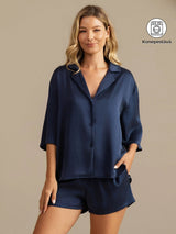 [Tummansininen] SilkSilky-FI 19Momme Puolihiha Notkokaulus Naisten Pyjamat 001