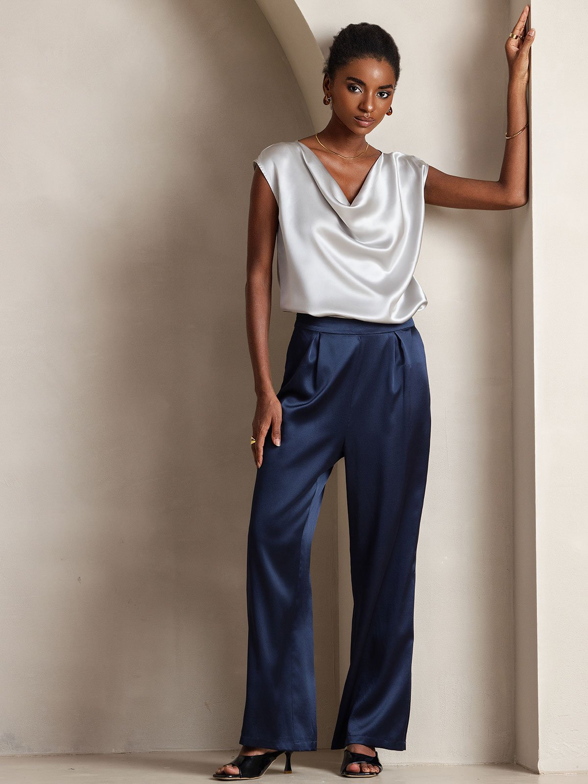 [Tummansininen] SilkSilky-FI 19Momme Womens Pants 001