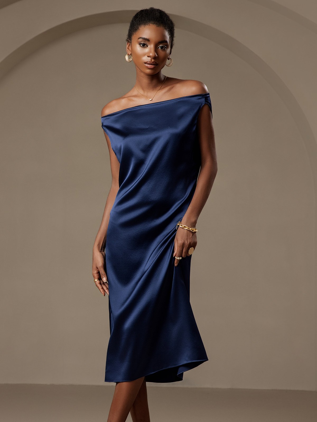 [Tummansininen] SilkSilky-FI 19Momme Mekko 003