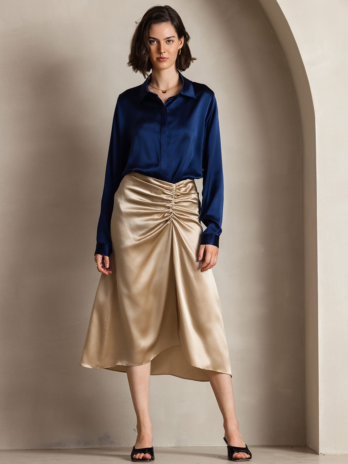 [Tummansininen] SilkSilky-FI 19Momme Womens Shirt 001