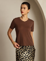 [Kahvi] SilkSilky-FI Short Sleeve V Neck Naisten T-paita 007