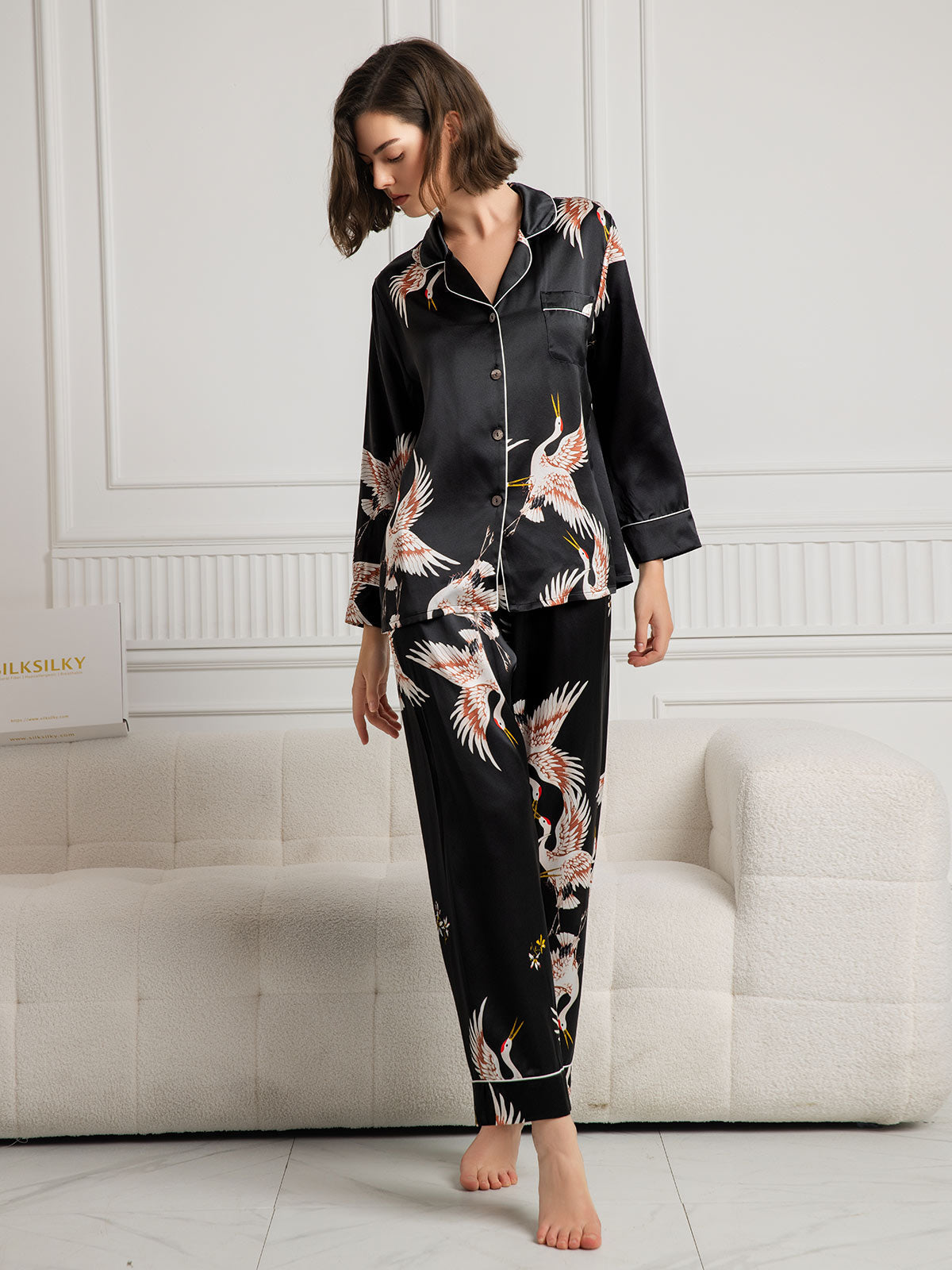 [Musta] SilkSilky-FI 19Momme Pure Silk Long Sleeve Lapel Naisten Pyjamat 004