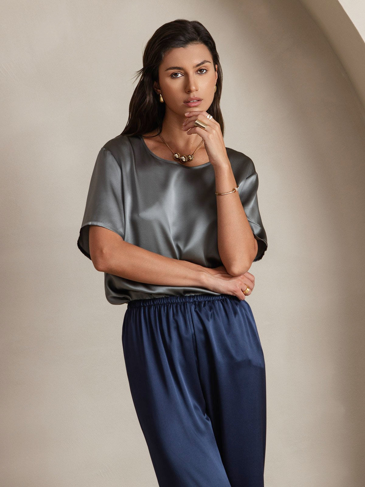 [Tummansininen] SilkSilky-FI 19Momme Silk Womens Pants 006