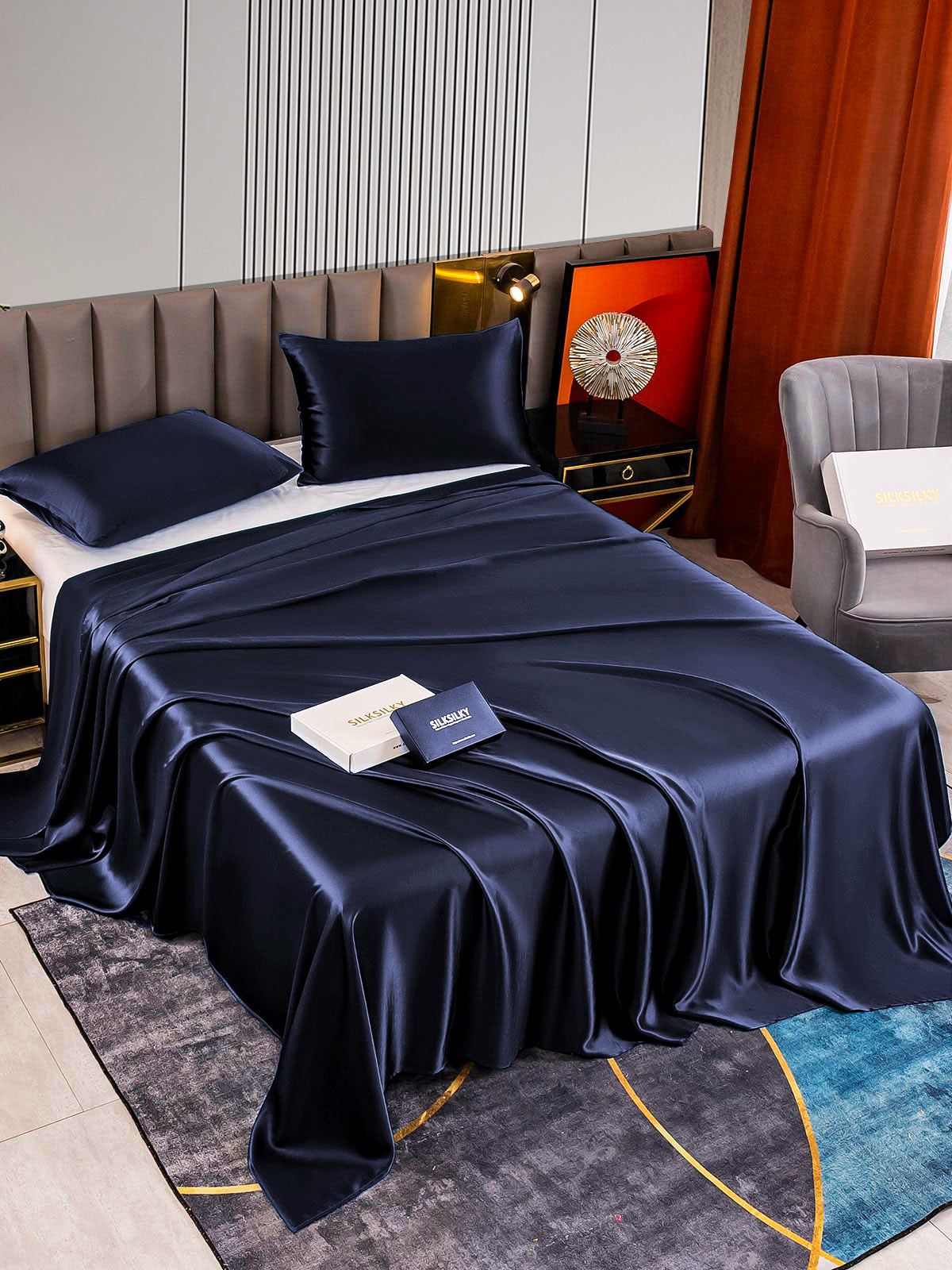 [Tummansininen] SilkSilky-FI 22Momme Bedding Set 002