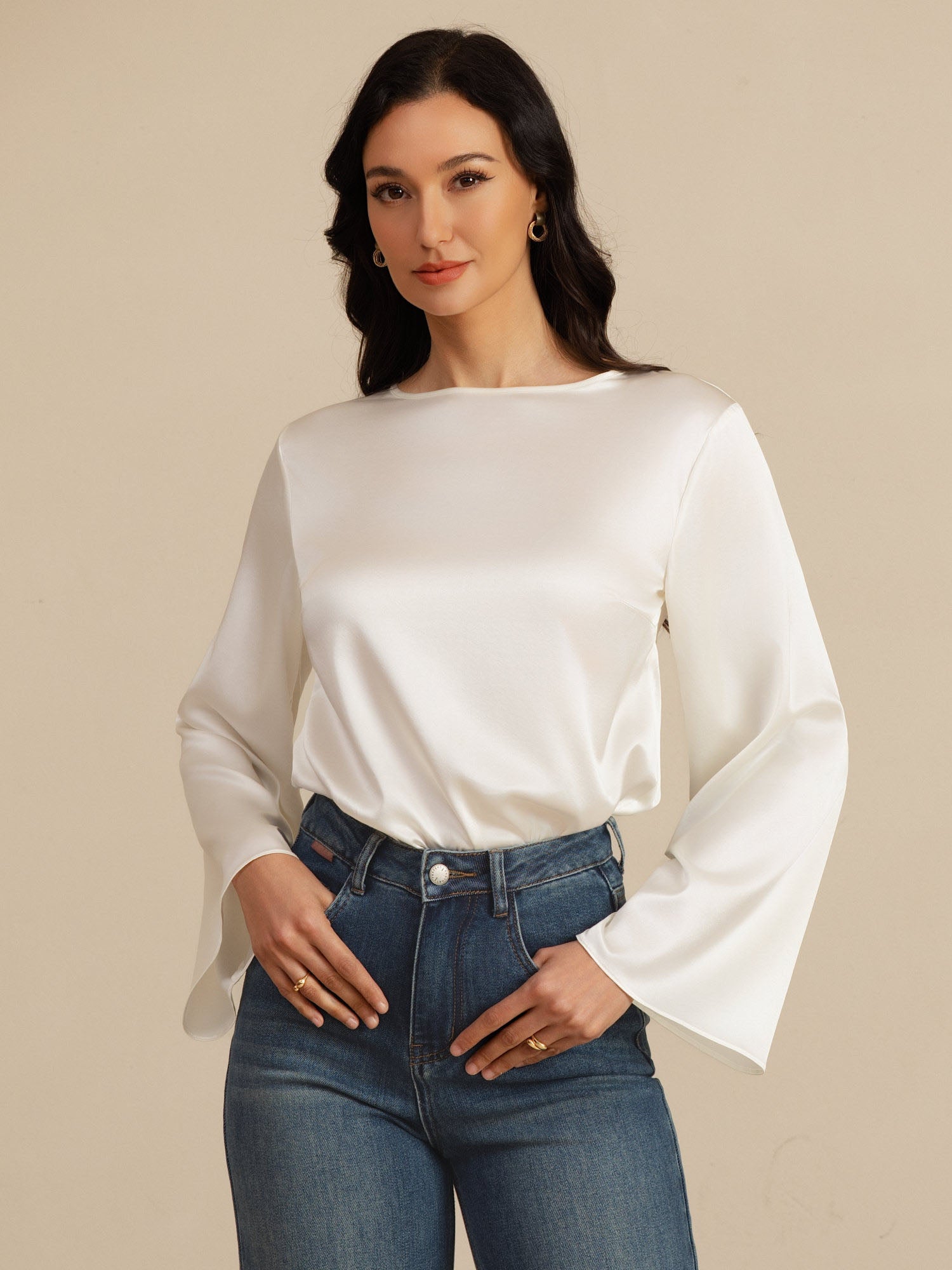 [Valkoinen] SilkSilky-FI 19Momme Pitkähihainen Venekaula-aukko Pusero 003