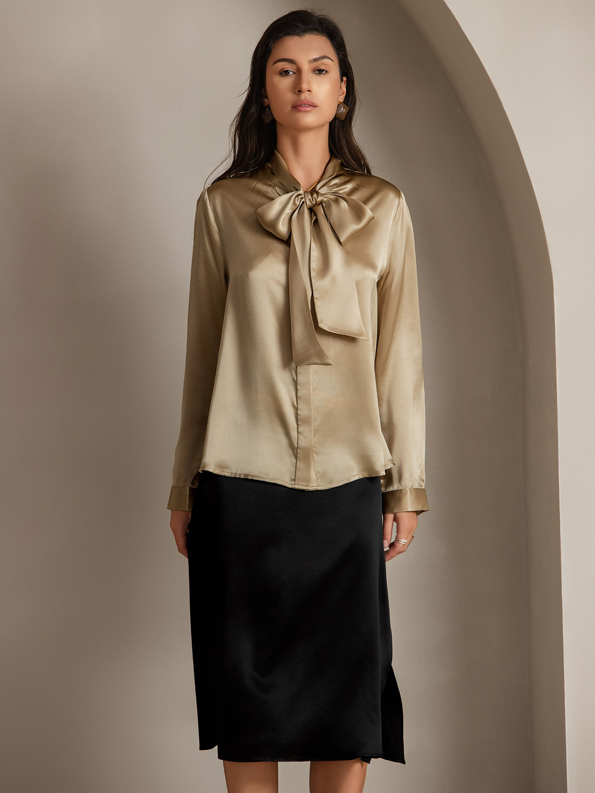 [Samppanja] SilkSilky-FI 19Momme Silk Long Sleeve Tie Neck Naisten paita 003