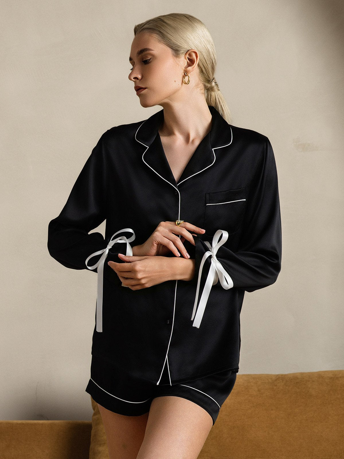 [Musta] SilkSilky-FI Pure Silk Long Sleeve Lapel Naisten Pyjamat 003
