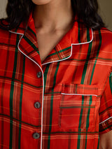 [Punainen Ruudullinen] SilkSilky-FI Short Sleeve Notch Collar Naisten Pyjamat 004