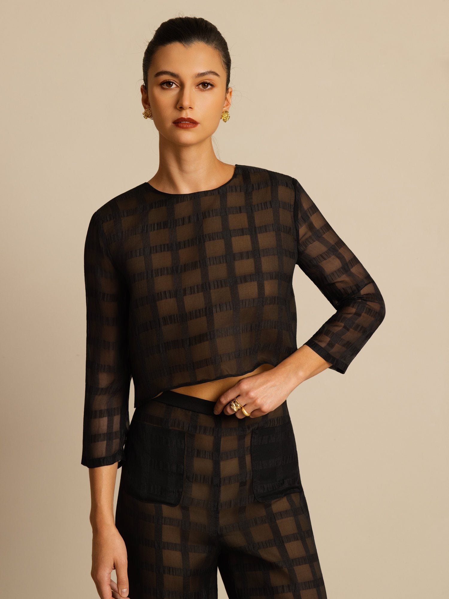 [Musta] SilkSilky-FI Puhdasta Silkkiä Pitkähihainen Pyöreä Pääntie Women''s Outfit Sets 006