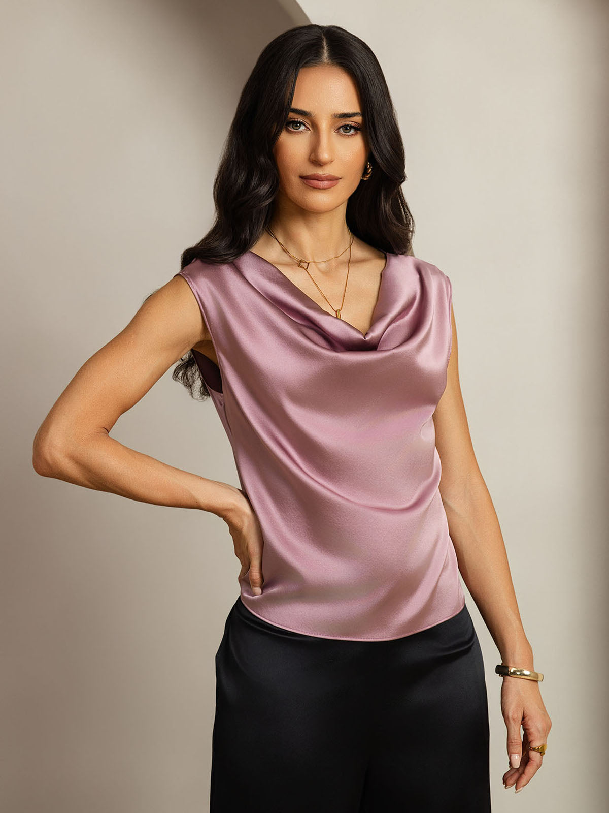 [Vaalean Mauve] SilkSilky-FI Cap Sleeve Cowl Neck Naisten T-paita 001