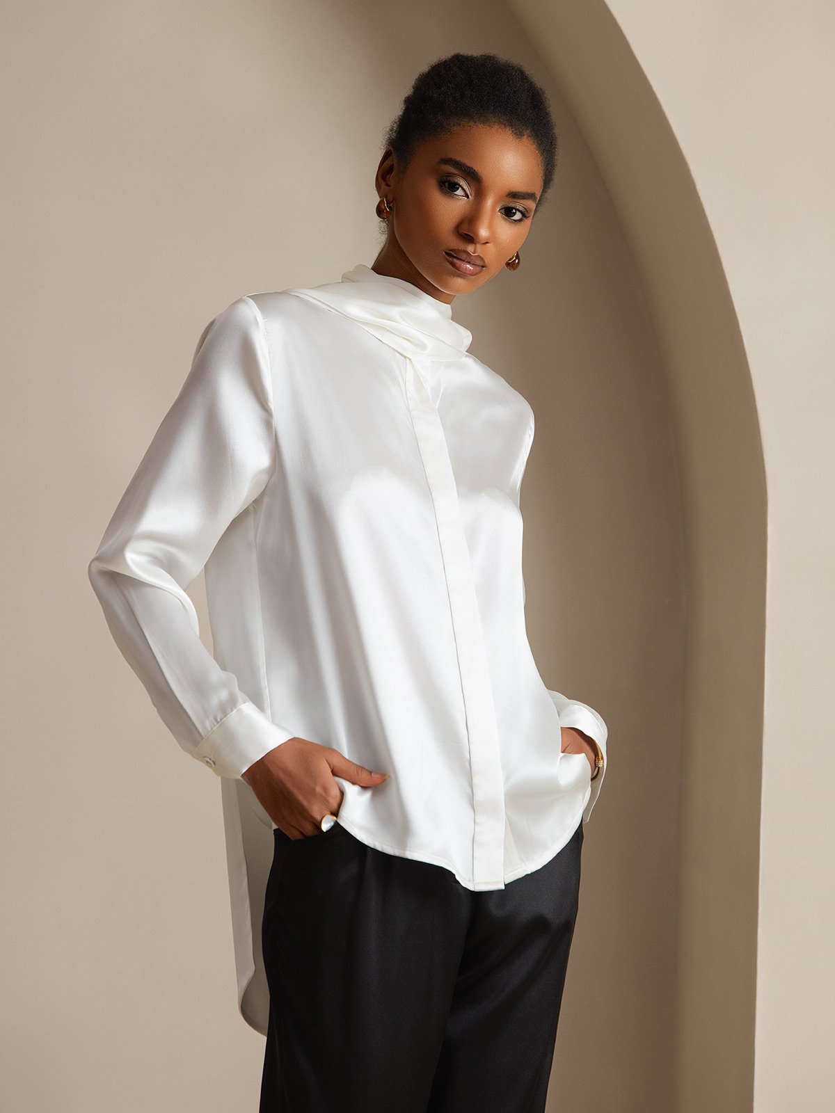 [Valkoinen] SilkSilky-FI 19Momme Womens Shirt 005