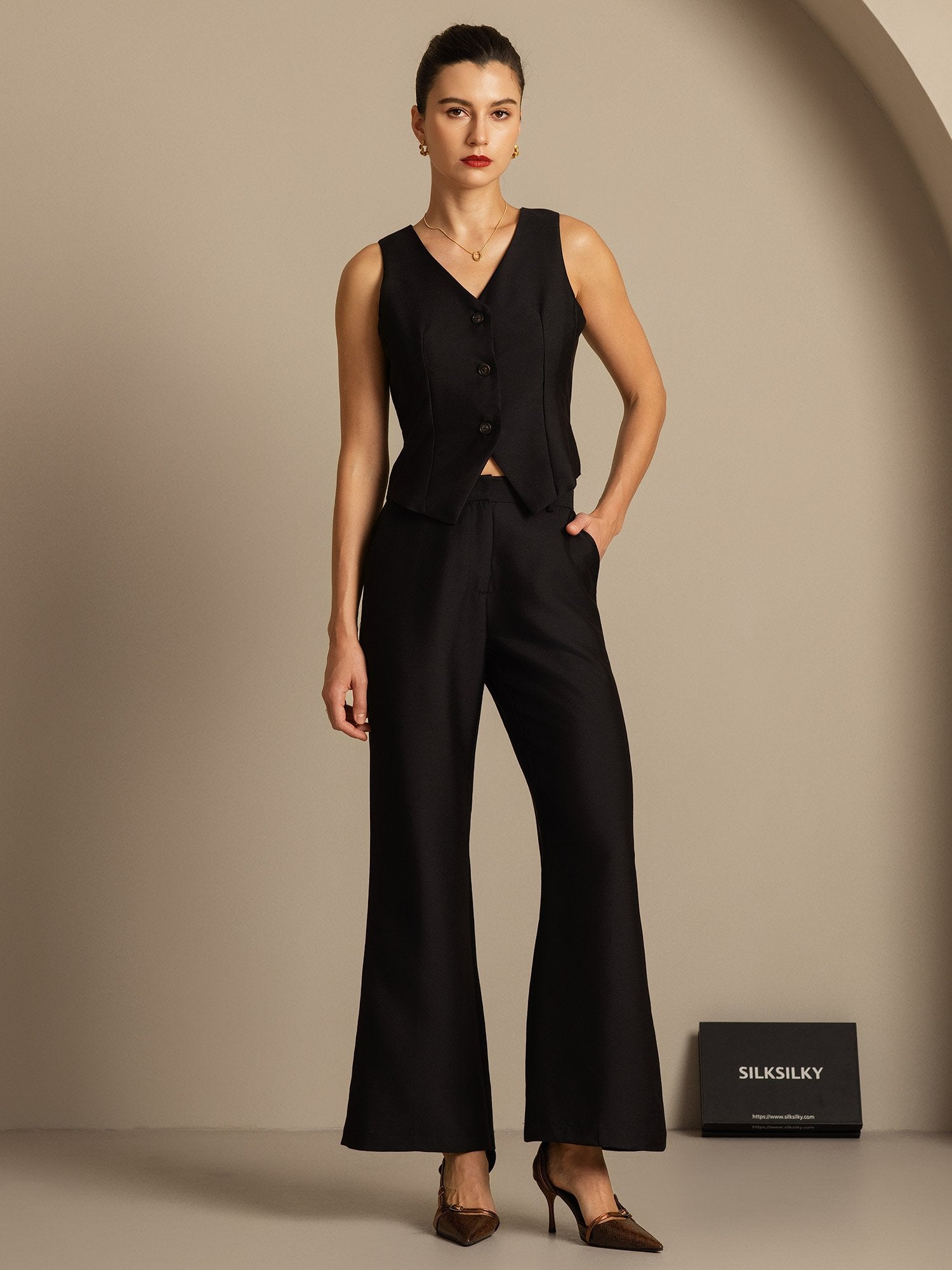 [Musta] SilkSilky-FI 32Momme Silk-Wool Blend Womens Pants 004,