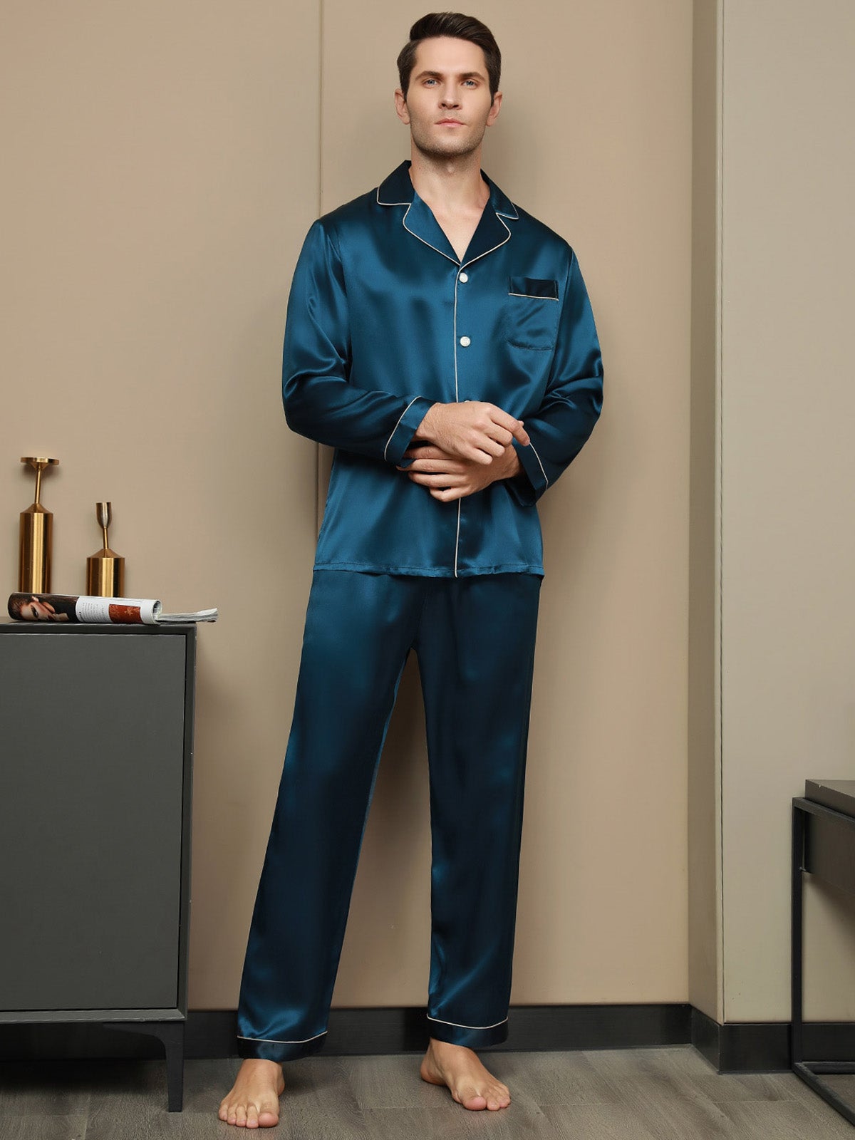 [Sinivihreä] SilkSilky-FI 19Momme Mens Pajamas 001