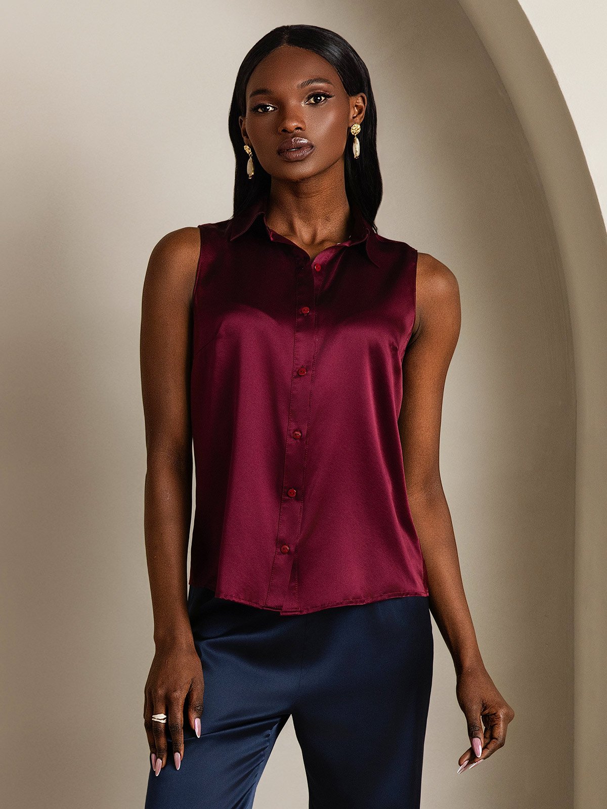 SilkSilky-FI 19Momme Womens Shirt Tummanpunainen 001