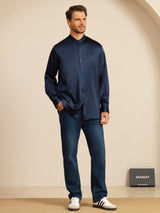 [Tummansininen] SilkSilky-FI Long Sleeve Stand Collar Miesten Paita 008