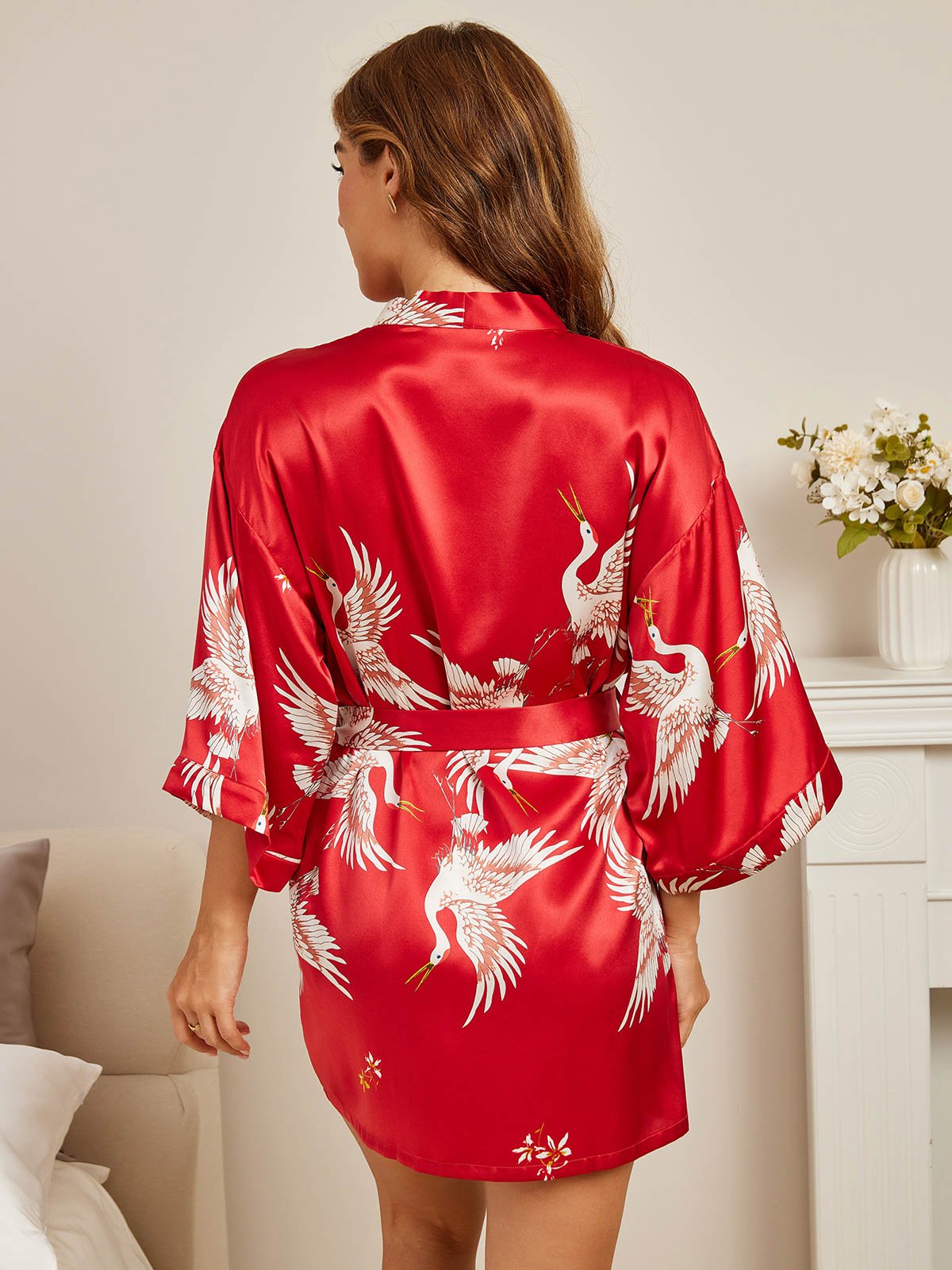 [Tummanpunainen] SilkSilky-FI 19Momme Pure Silk 3/4 Sleeve Deep V Neck Naisten Aamutakki 002