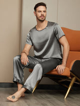 [Tumman Harmaa] SilkSilky-FI Pure Silk Short Sleeve Round Neck Miesten Pyjamat 004