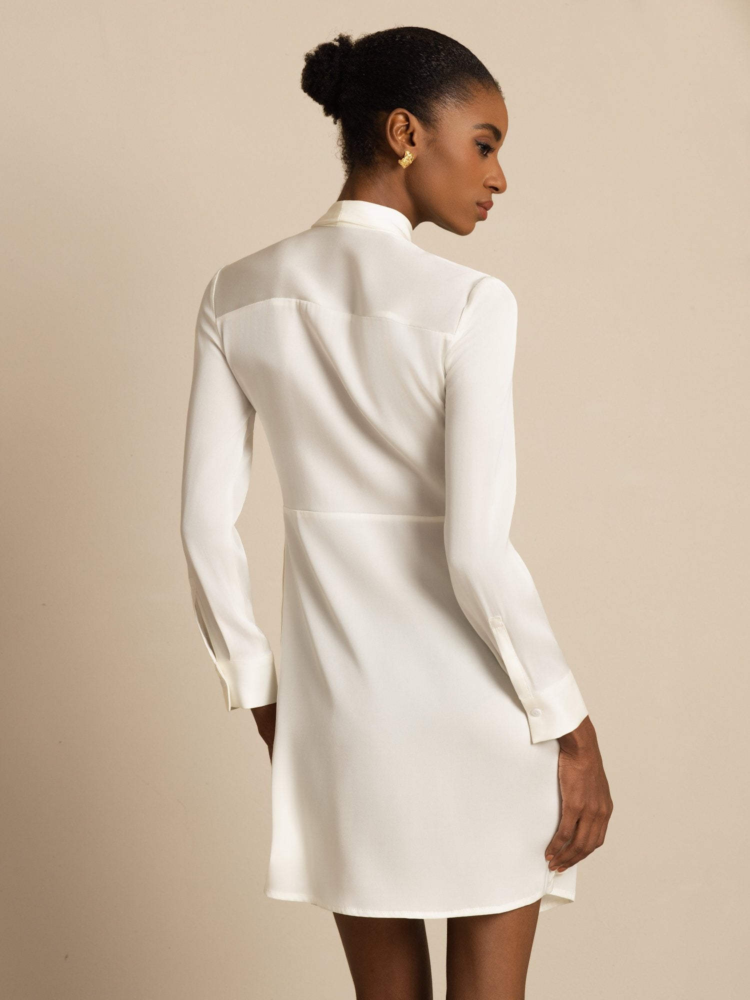 [Valkoinen] SilkSilky-FI 19Momme Silkki Pitkähihainen Solmukaulus Mekko 002