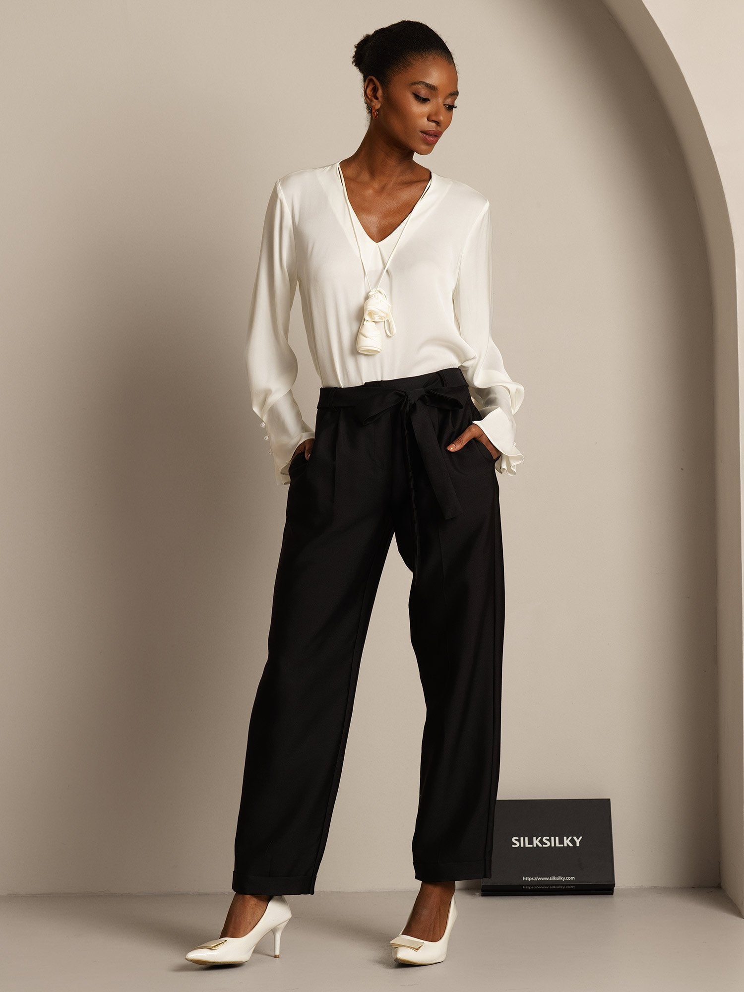 [Musta] SilkSilky-FI 32Momme Silk-Wool Blend Womens Pants 007,